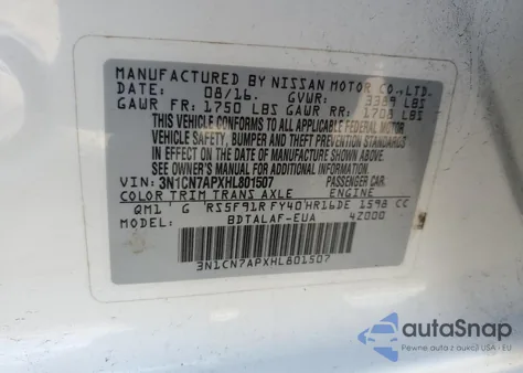2017 Nissan Versa S z USA, uszkodzony, nr VIN 3N1CN7APXHL801507